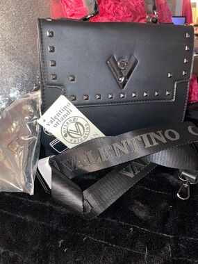 Valentino Orlandi Black Leather Studded Messenger Bag with Logo Strap
